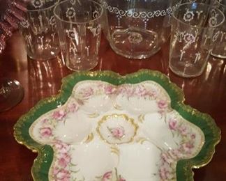Limoges oyster plate, handblown pitcher and tumblers with enameling