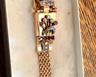 Drop dead gorgeous 14k ROSE GOLD ART DECO WATCH WITH INTEGRAL 14k band. DIAMONDS RUBIES OH MY! 