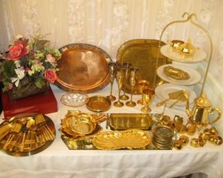 Gold toned flatware-5 sets, serving pieces, silver plate tray taken back to copper base