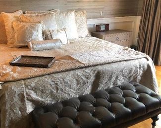 Horchow leather bench, nightstands by Restoration Hardware - 2, and Designer Linens and Shams
