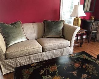 Designer Love Seat, side table with brass lamp, Asian Coffee table and Asian tall chest and mirror