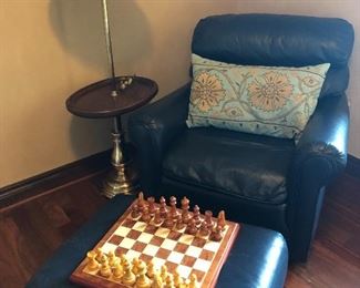 Leather chair and ottoman, floor lamp and chess set