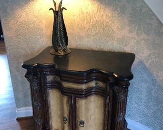 Entry way table with marble top and brass lamp