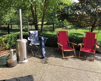 Patio heater and lounge chairs 