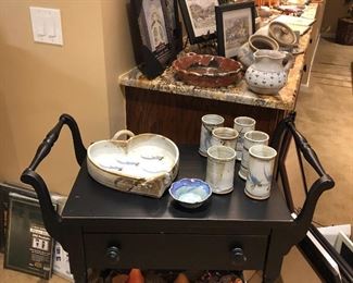 Pottery, picture frames, mirrors and handled side table/bar cart