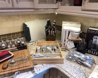 Flatware, knives, Krups coffee maker - new, cutting boards and more
