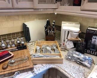 Flatware, knives, Krups coffee maker - new, cutting boards and more 