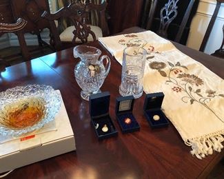 Waterford vase and wine holder, blown glass bowl, table runners and linens available