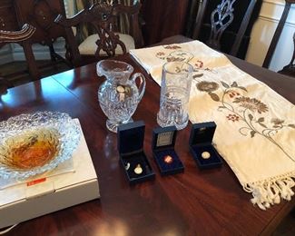 Waterford vase and wine holder, blown glass bowl, table runners and linens available 