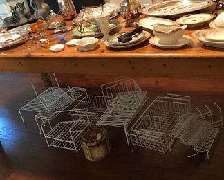 Beautiful pine dining table with handpainted plates, organizers, pewter, silverplate.