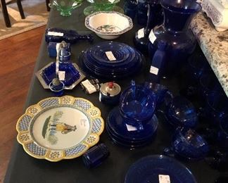 Blue and green depression glass.