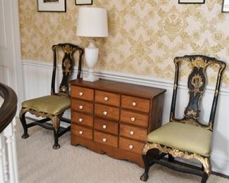 Set of 4 Antique Chairs with Gilt Detail, 12 Drawer Chest of Drawers