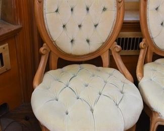 Pair of Tufted, Carved Wood Parlor Chairs