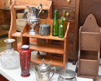 Silver Plate, Wooden Display Shelves & Racks, Glass Bottles, Etc.