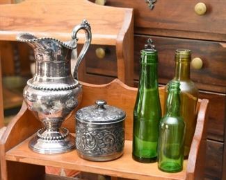 Silver Plate Pitcher & Canister, Glass Bottles