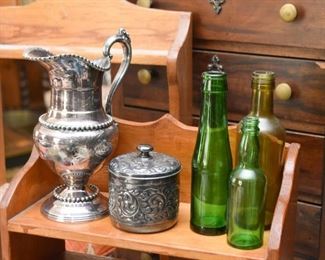 Silver Plate Pitcher & Canister,  Glass Bottles