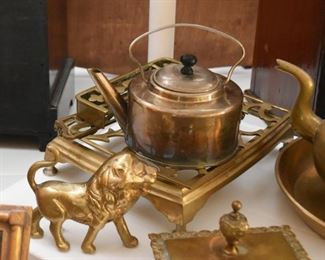 Brass Lion Figurine, Teapot, Trivet, Etc.