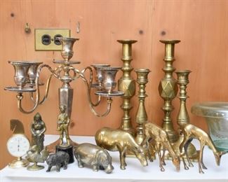 Brass Candlesticks & Figurines, Silver Plate Candelabra 