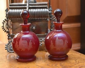 Etched Cranberry Glass Bottles with Stoppers