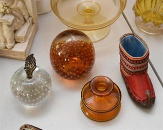 Various Vintage Colored Glass / Glassware, Paperweights, Miniature Boot