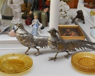 Silver Plate Pheasant Figurines, Amber Glass Plates
