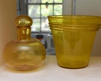 Vintage Yellow Glass Bottle & Vase 