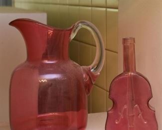 Cranberry Glass Pitcher & Violin Bottle