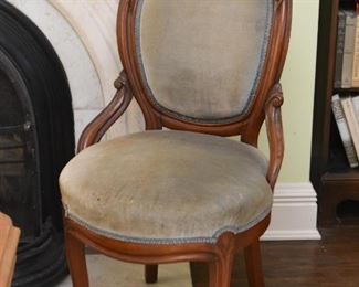 Antique Carved Wood Side Chair with Upholstered Back & Seat
