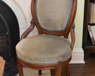 Antique Carved Wood Side Chair with Upholstered Back & Seat 