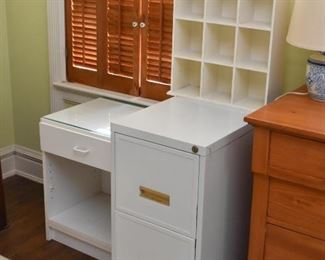 White Laminate Nightstand, White Metal File Cabinet, White Curio Display Shelf