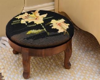 Foot Stool with Needlepoint Top - Lilies