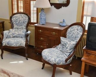 Pair of Antique Wood Carved Parlor Chairs with Blue Toile Upholstery