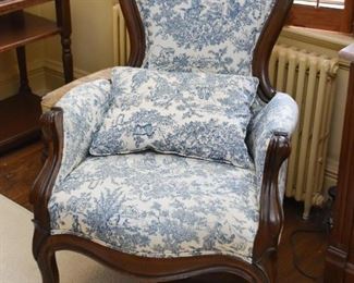 Pair of Antique Wood Carved Parlor Chairs with Blue Toile Upholstery 