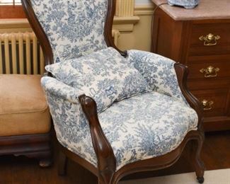 Pair of Antique Wood Carved Parlor Chairs with Blue Toile Upholstery 