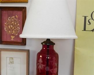 Etched Cranberry Glass Table Lamp 