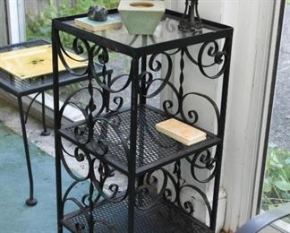 Black Wrought Iron 3-Tiered Shelf Unit with Glass Top