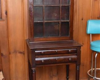 Antique 2-Drawer Table with Display Hutch, Glass Door