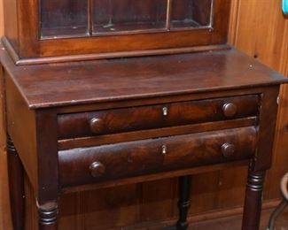 Antique 2-Drawer Table with Display Hutch, Glass Door