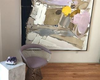 Knoll Chrome chair, cement pillar, Original arcylic framed artwork, and minerals