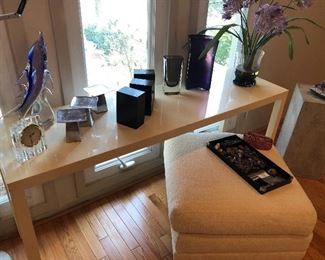 marble bookends, pewter pillar holders and blown glass pieces