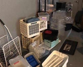plastic storage boxes and metal carts