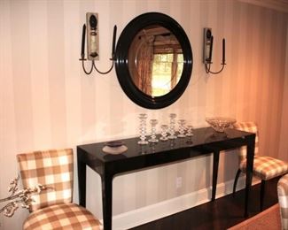 Console Table, Round Framed Mirror, Pair of Wall Sconces, Set of Candlesticks and Decorative Bowls