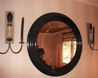 Round Framed Mirror, Pair of Wall Sconces, 