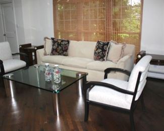 Sofa, Pair of Quality Deco Side Tables with Chrome and Glass Coffee Table and 2 Side Chairs