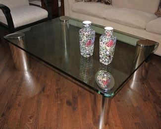 Chrome & Glass Coffee Table and Pair of Small Urns