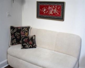 Small Love Seat with Accent Pillows and Art