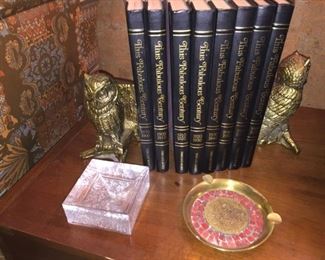 Assorted books - some old with Brass owl bookends.
