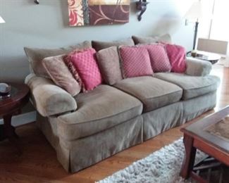 Thomasville Sofa in neutral color, area rug, coffee/end tables, lamps, wall deco and more