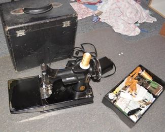Antique Singer Featherweight Sewing Machine with Case and Parts