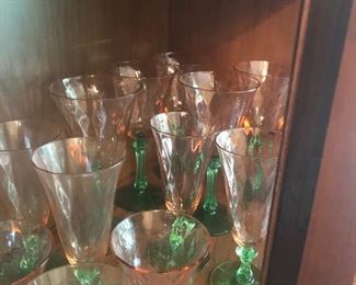 Pink and green Depression glass stemware
These Tiffin “watermelon “ stemware are becoming harder to find.